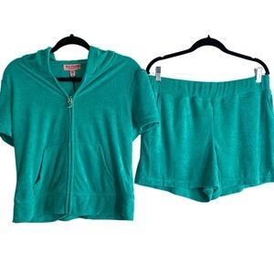 NWT Juicy Couture Terrycloth Coastal Teal Short Sleeve Hoodie & Shorts, size L